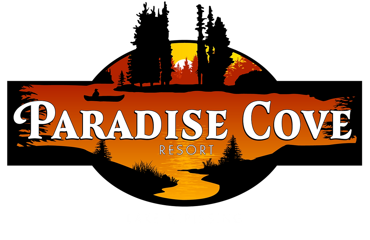 Paradise Cover Resort logo with trees and orange sunset. Monetville, Ontario.
