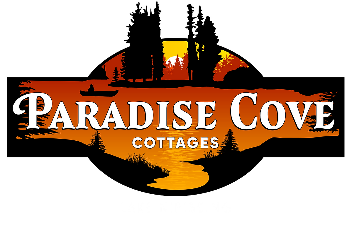 Paradise Cover Resort logo with trees and orange sunset. Monetville, Ontario.