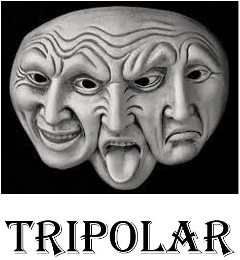Tripolar band- one head with three faces, smiling, tongue out and sad face.