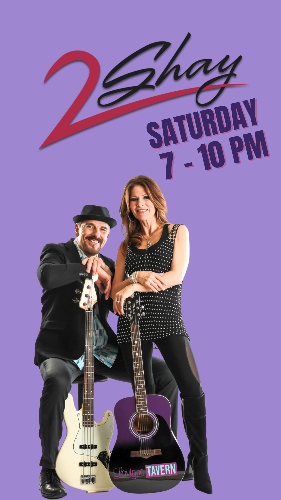 Two Shay duet, man and woman on purple background.